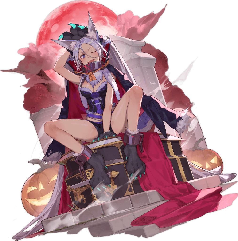 1girl animal_ear_fluff animal_ears animal_hands ark_order black_cape black_footwear black_shorts blue_eyes blue_hair breasts cape chain claws clouds coffin crop_top cuffs fenrir_(ark_order) full_body fur_scarf gloves halloween jack-o'-lantern large_breasts long_hair looking_at_viewer moon official_art paw_gloves paw_shoes purple_belt red_cape red_cucumber red_moon scarf shackles shirt shorts sidelocks sitting sleeveless sleeveless_shirt solo tachi-e tail transparent_background twintails two-tone_cape very_long_hair white_scarf wolf_ears wolf_tail