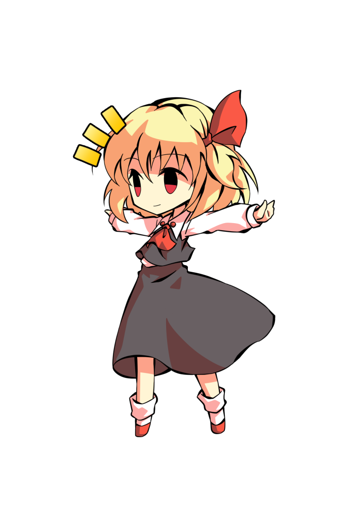 1girl arms_up ascot bangs black_eyes blonde_hair chibi closed_mouth collar collared_shirt dairi eyebrows_visible_through_hair full_body grey_skirt grey_vest hair_between_eyes hair_ribbon hands_up long_skirt long_sleeves looking_to_the_side red_ascot red_eyes red_footwear red_ribbon ribbon rumia shaded_face shirt shoes short_hair simple_background skirt smile socks solo standing tachi-e touhou vest white_background white_legwear white_shirt white_sleeves