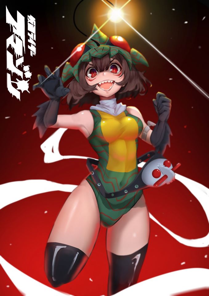 bangs belt black_belt black_gloves clenched_hand copyright_name covered_navel genderswap genderswap_(mtf) gloves green_leotard helmet homuntan kamen_rider kamen_rider_amazon kamen_rider_amazons leg_up leotard looking_at_viewer red_background rider-tan short_hair smile thigh-highs tokusatsu v-shaped_eyebrows