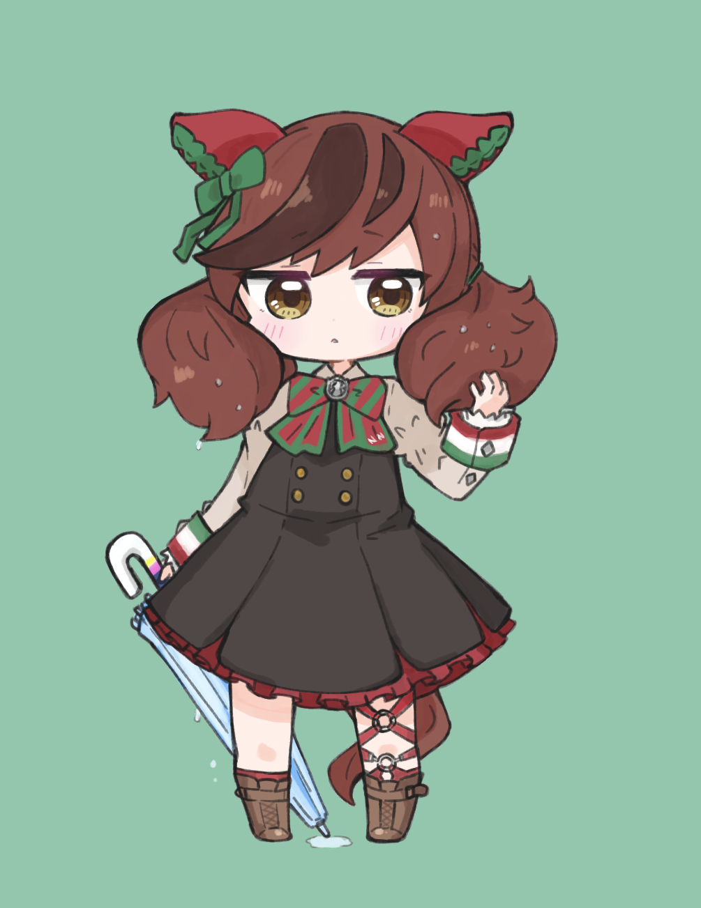 1girl animal_ears bangs black_dress blue_umbrella blush boots bow brown_eyes brown_footwear brown_hair chibi closed_umbrella commentary_request diagonal-striped_bow dress ear_bow eyebrows_visible_through_hair frilled_dress frills full_body green_background green_bow grey_shirt hand_up highres hitomiz holding holding_umbrella horse_ears horse_girl horse_tail juliet_sleeves long_hair long_sleeves multicolored_hair nice_nature_(umamusume) parted_lips puffy_sleeves shirt simple_background sleeveless sleeveless_dress solo standing streaked_hair tail twintails umamusume umbrella water wet