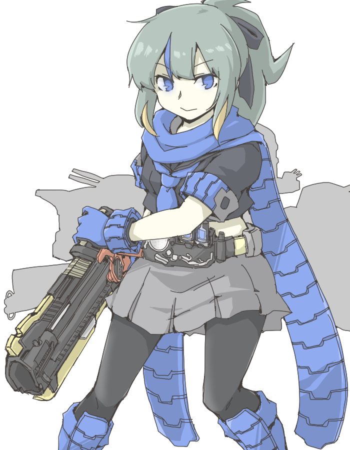 1girl akara_kai black_legwear black_ribbon black_shirt blue_cape blue_eyes blue_footwear blue_necktie boots build_driver cape closed_mouth eyebrows_visible_through_hair gloves green_hair grey_skirt hair_ribbon holding holding_weapon kamen_rider kamen_rider_build_(series) kantai_collection long_hair necktie pantyhose ponytail ribbon shirt simple_background skirt solo weapon white_background yuubari_(kancolle)