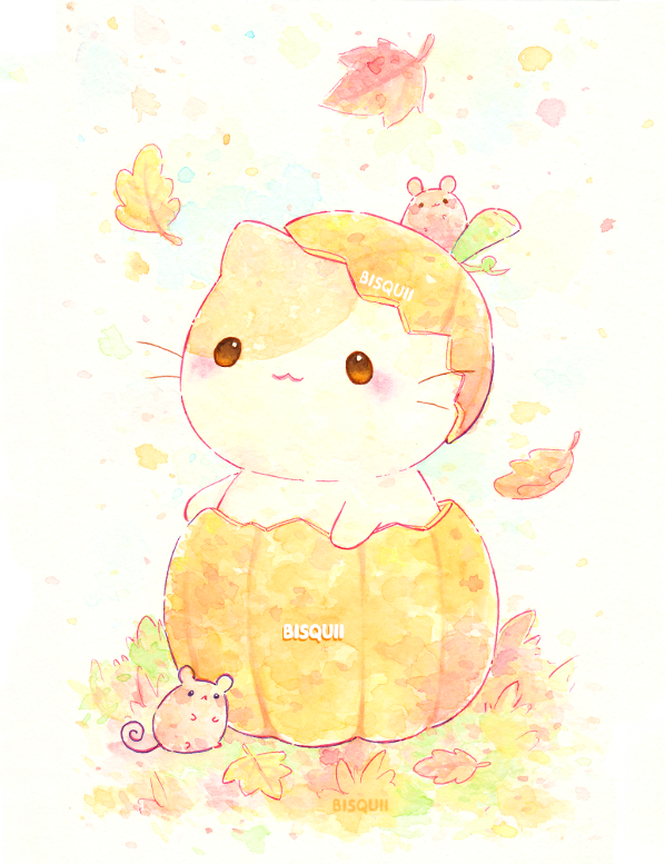 :&lt; :3 animal artist_name autumn bisquii blush cat closed_mouth leaf mouse no_humans original painting_(medium) pumpkin pumpkin_hat squash traditional_media watercolor_(medium)