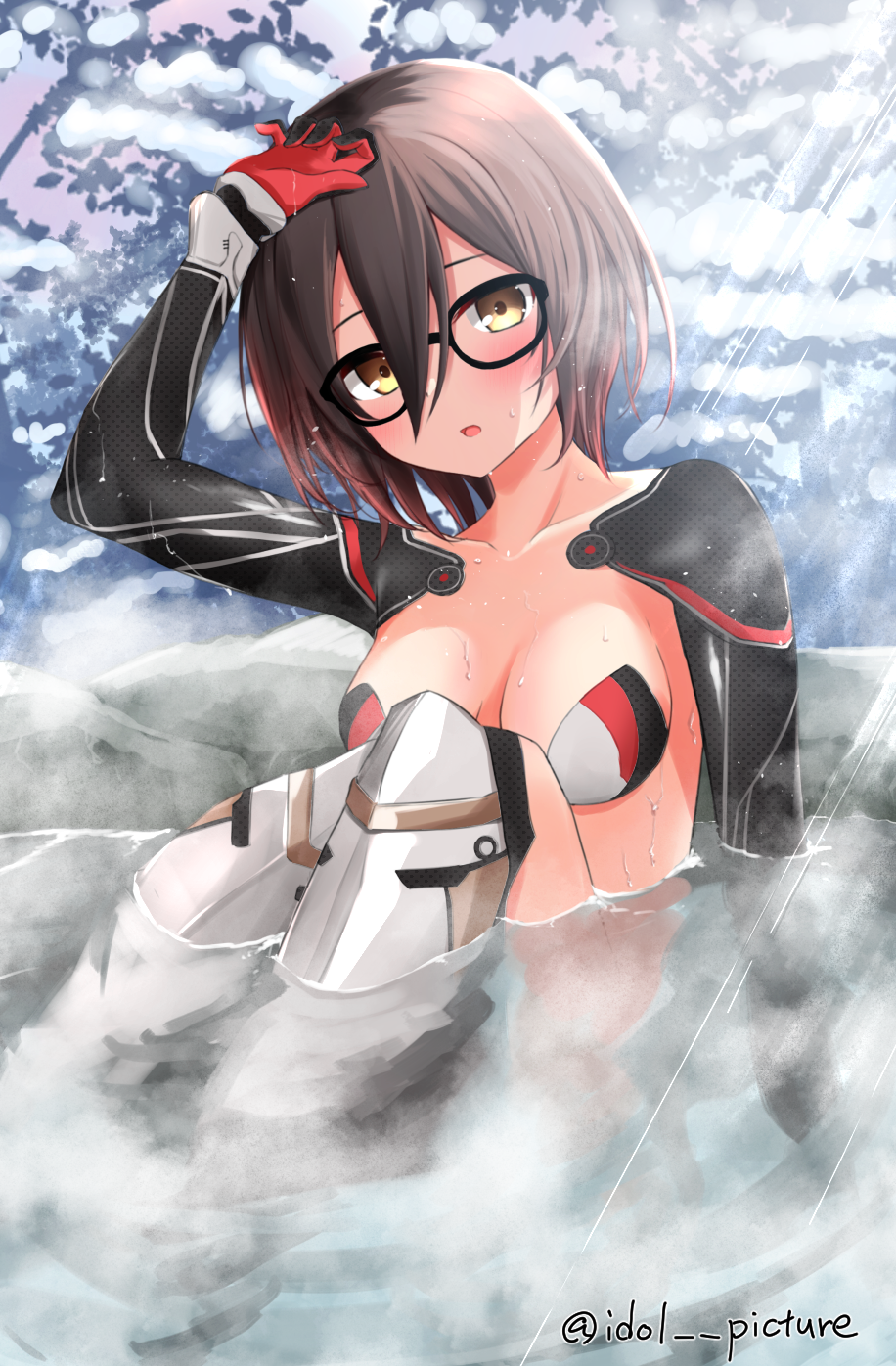 1girl android arm_up black-framed_eyewear blush breasts brown_hair colored_tips ex_idol glasses gradient_hair hand_on_own_head highres hololive knees_up looking_at_viewer mechanical_arms mechanical_legs medium_breasts multicolored_hair nude onsen open_mouth outdoors partially_submerged redhead roboco-san short_hair sitting snow solo steam stone sweat twitter_username virtual_youtuber yellow_eyes