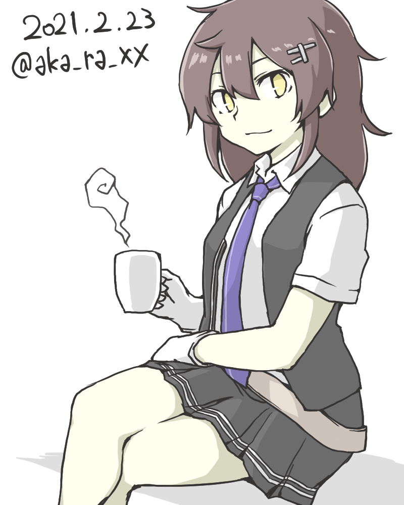 1girl akara_kai alternate_hair_color alternate_hairstyle belt black_skirt black_vest blue_necktie brown_hair closed_mouth coffee_cup cup dated disposable_cup dress_shirt gloves hair_ornament hairclip holding kantai_collection long_hair looking_at_viewer necktie open_clothes open_vest oyashio_(kancolle) pleated_skirt shirt simple_background sitting skirt solo steam twitter_username vest white_background white_gloves white_shirt yellow_eyes
