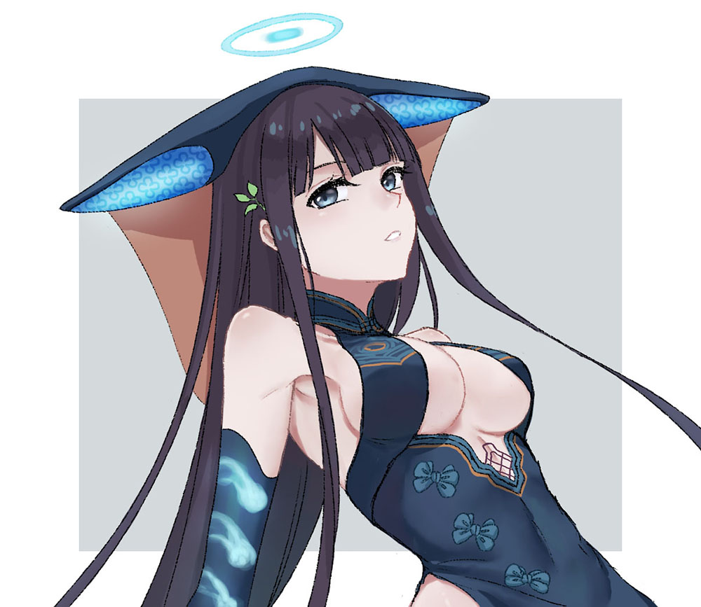 1girl arm_support armpits bangs black_eyes black_hair blunt_bangs border breasts breasts_apart covered_navel elsa_(g557744) fate/grand_order fate_(series) grey_background large_breasts long_hair looking_at_viewer parted_lips side_slit sideboob solo white_border yang_guifei_(fate)