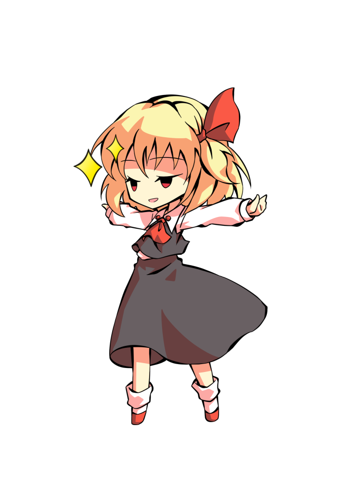 1girl arms_up ascot bangs black_eyes blonde_hair chibi collar collared_shirt dairi eyebrows_visible_through_hair full_body grey_skirt grey_vest hair_between_eyes hair_ribbon hands_up long_skirt long_sleeves looking_to_the_side open_mouth red_ascot red_eyes red_footwear red_ribbon ribbon rumia shaded_face shirt shoes short_hair simple_background skirt smile smug socks solo standing star_(symbol) tachi-e touhou vest white_background white_legwear white_shirt white_sleeves