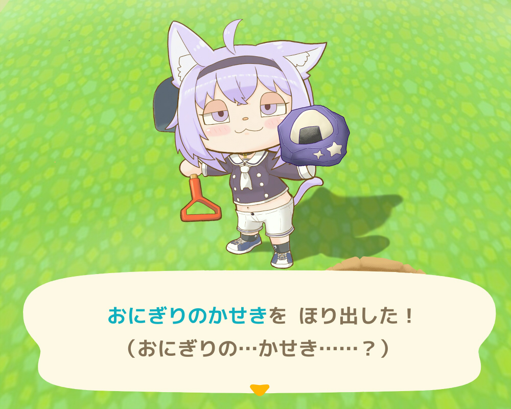 1girl :3 ahoge animal_crossing animal_ears cat_ears cat_girl cat_tail commentary_request full_body hairband half-closed_eyes hololive matarou_(matarou072) midriff navel nekomata_okayu parody purple_hair rock sailor_collar sailor_shirt shirt shoes shorts shovel smile sneakers solo style_parody tail translation_request violet_eyes white_shorts