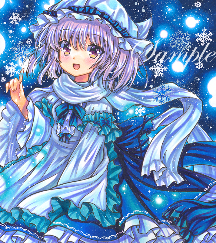 1girl :d back_bow blue_background blue_bow blue_theme blush bow bowtie buttons center_frills dress eyebrows_visible_through_hair frilled_bow frilled_dress frilled_sleeves frills hat index_finger_raised letty_whiterock long_sleeves looking_at_viewer marker_(medium) mob_cap open_mouth purple_hair rui_(sugar3) sample scarf short_hair smile snowflakes solo touhou traditional_media white_dress white_headwear white_scarf wide_sleeves