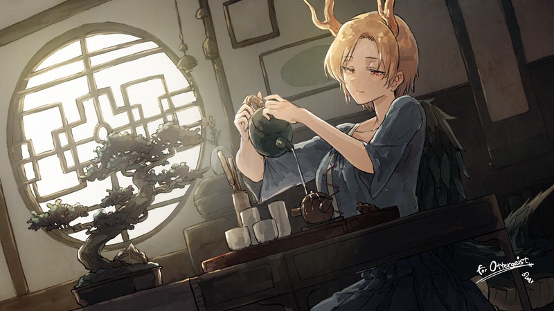 1girl bangs blonde_hair blouse blue_blouse blue_shirt blush bonsai bow breasts closed_mouth collarbone commentary_request commission cup dragon_girl dragon_horns dragon_tail flower_pot green_skirt hisona_(suaritesumi) horns kicchou_yachie light_smile lips medium_breasts parted_bangs plant pouring red_bow red_eyes round_window scales shiny shiny_hair shirt short_hair sitting skeb_commission skirt smile solo table tail tea teacup teapot touhou tray turtle_shell window