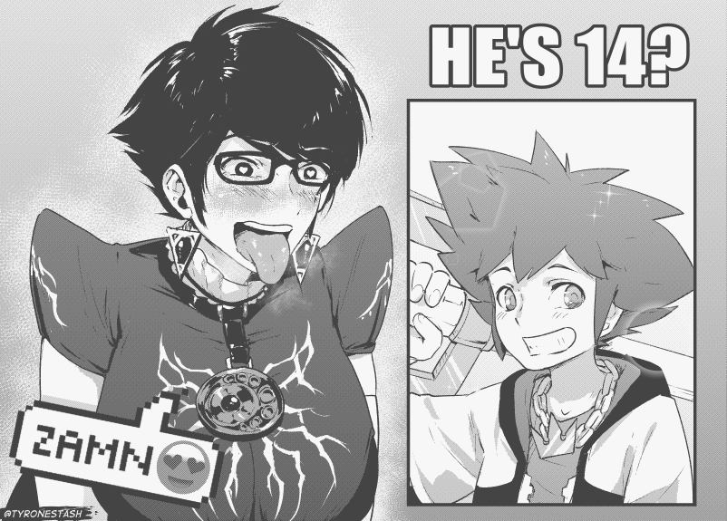 1boy 1girl artist_name bayonetta bayonetta_(series) bayonetta_2 chain character_age commentary earrings emoji english_commentary english_text female_pervert glasses greyscale grin heart heart-shaped_pupils holding holding_weapon jewelry keyblade kingdom_hearts looking_at_another medium_hair meme monochrome necklace open_mouth pervert short_hair smile sora_(kingdom_hearts) spiky_hair steam symbol-shaped_pupils teeth tongue tongue_out triangle_earrings twitter_username tyrone upper_body upper_teeth weapon zamn_(meme)