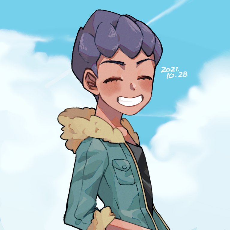 1boy black_shirt blue_jacket blush closed_eyes clouds commentary_request daifuku_(pokefuka_art) dark-skinned_male dark_skin dated day eyelashes from_side fur-trimmed_jacket fur_trim grin hop_(pokemon) jacket male_focus open_clothes open_jacket outdoors pokemon pokemon_(game) pokemon_swsh purple_hair shirt short_hair sky sleeves_past_elbows smile solo teeth upper_body