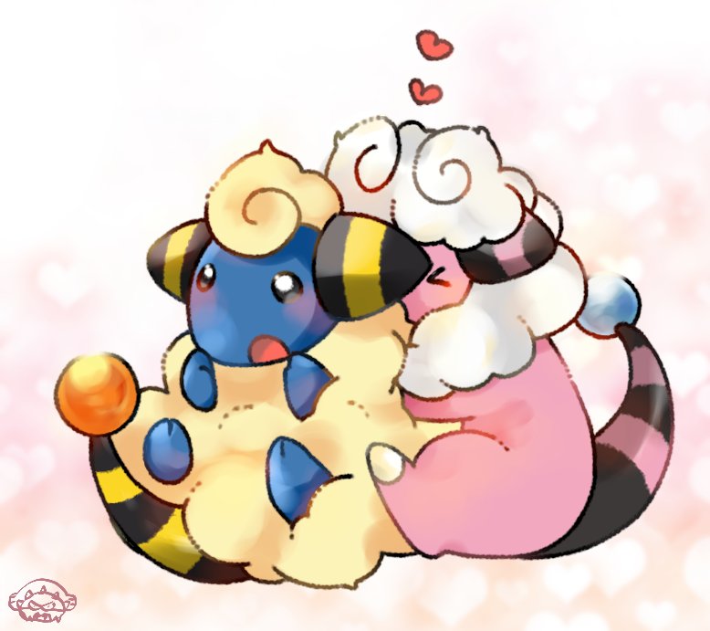 &gt;_&lt; black_eyes blush closed_eyes commentary_request daifuku_(pokefuka_art) flaaffy fluffy heart mareep no_humans open_mouth pokemon pokemon_(creature) tongue