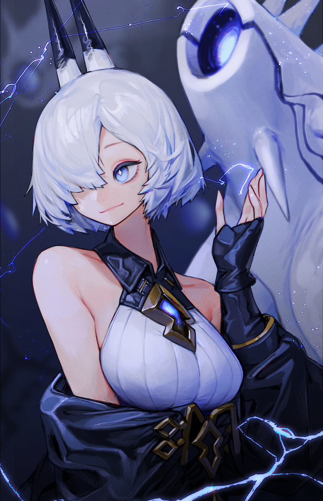 1girl alchemy_stars bare_shoulders bethel_(alchemy_stars) black_gloves blue_eyes breasts collared_shirt commentary_request creature electricity fingerless_gloves gloves hair_over_one_eye halterneck hand_up highres horns looking_to_the_side medium_breasts rinotuna shirt short_hair sleeveless sleeveless_shirt solo upper_body white_hair white_shirt