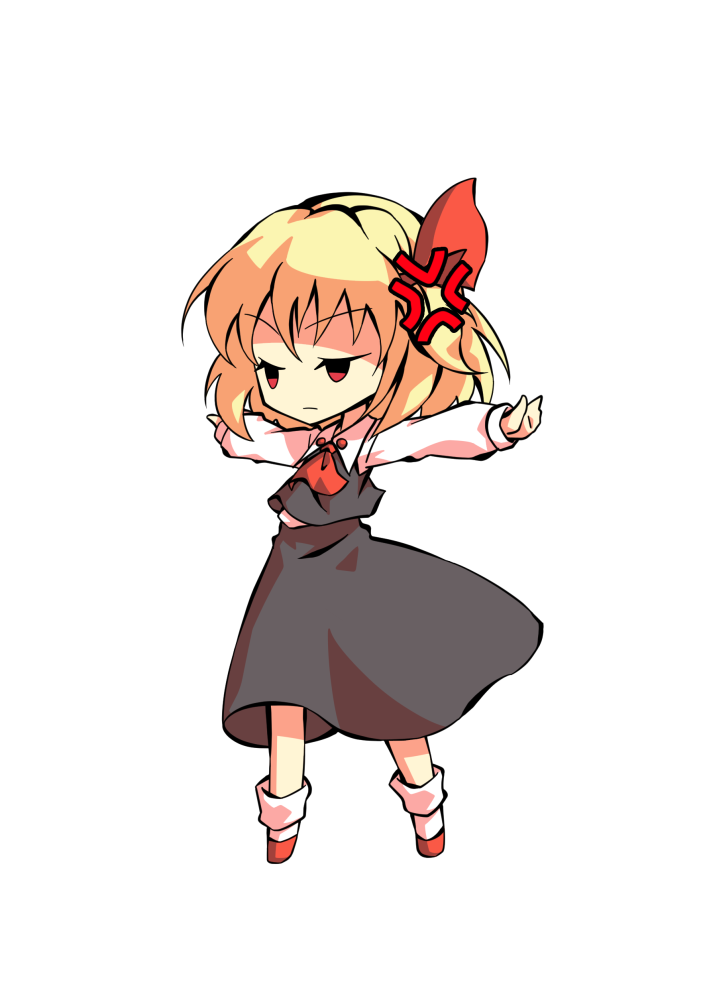 1girl anger_vein angry arms_up ascot bangs black_eyes blonde_hair chibi closed_mouth collar collared_shirt dairi eyebrows_visible_through_hair full_body grey_skirt grey_vest hair_between_eyes hair_ribbon hands_up long_skirt long_sleeves looking_to_the_side red_ascot red_eyes red_footwear red_ribbon ribbon rumia shaded_face shirt shoes short_hair simple_background skirt socks solo standing tachi-e touhou vest white_background white_legwear white_shirt white_sleeves