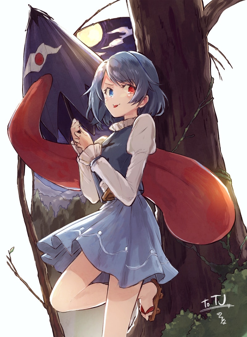 1girl :q against_tree bangs blue_eyes blue_hair blue_shirt blue_skirt blue_vest blush branch breasts bush closed_mouth commentary_request commission cross-laced_clothes eyebrows_visible_through_hair eyelashes folded_leg foot_out_of_frame frilled_sleeves frills full_moon geta heterochromia hisona_(suaritesumi) holding holding_umbrella juliet_sleeves karakasa_obake long_sleeves medium_breasts moon oil-paper_umbrella plant puffy_sleeves red_eyes sandals shirt short_hair skeb_commission skirt solo standing standing_on_one_leg tatara_kogasa tongue tongue_out touhou tree twig umbrella vest vines white_shirt
