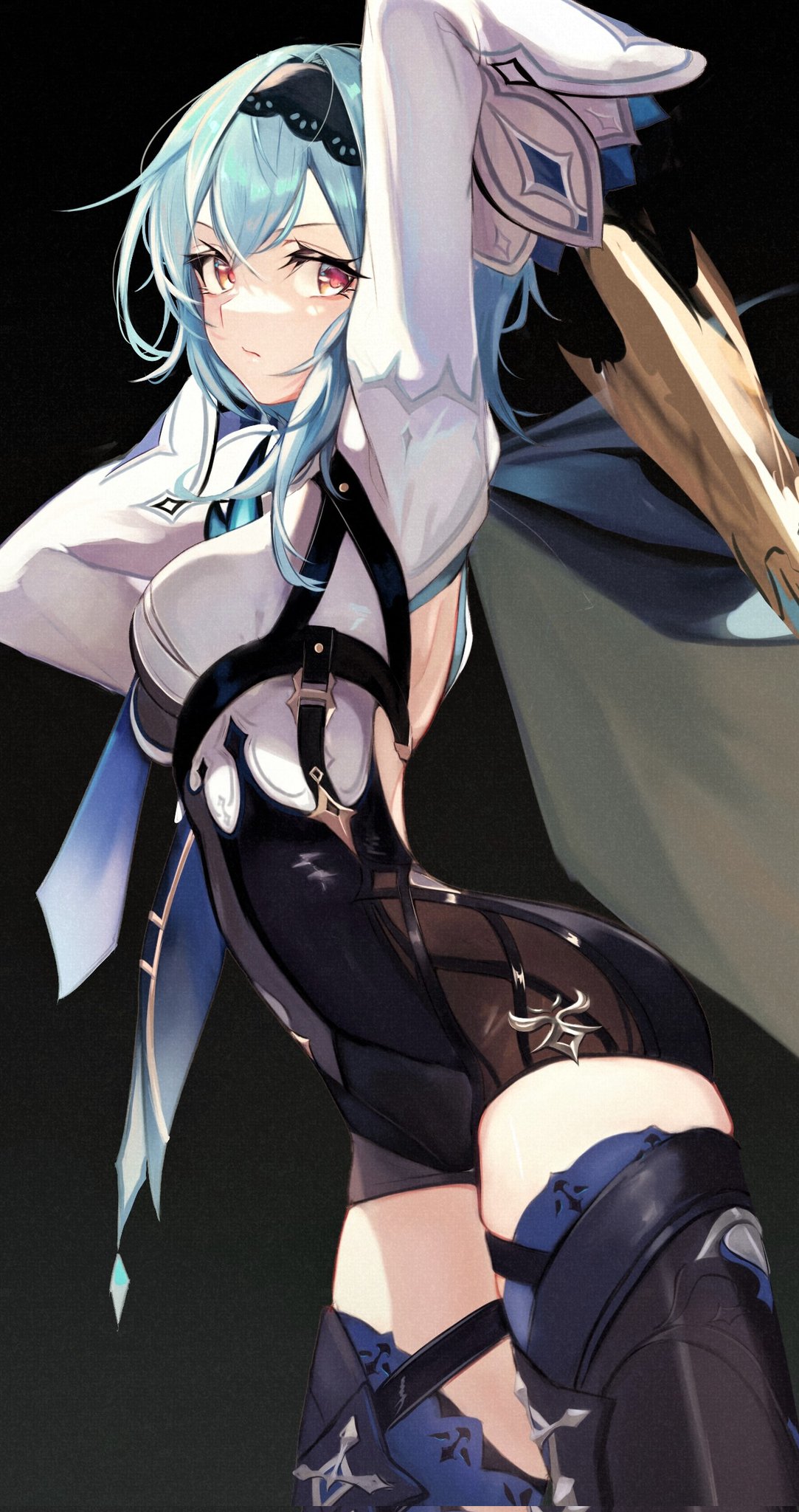 1girl :/ arm_up back_cutout bangs black_background black_headband black_legwear blue_eyes blush boots breasts claymore_(sword) closed_mouth clothing_cutout eula_(genshin_impact) expressionless eyebrows_visible_through_hair eyelashes genshin_impact gloves headband highres holding holding_sword holding_weapon light_blue_hair lips looking_at_viewer lumo_1121 medium_breasts medium_hair shoulder_blades shoulder_pads simple_background solo standing sword thigh-highs thigh_boots thighs upper_body vision_(genshin_impact) weapon yellow_eyes zettai_ryouiki