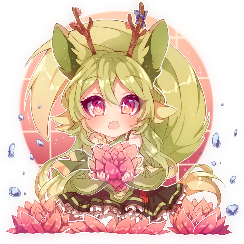 1girl animal_ears antlers artist_name chibi commentary commission flower green_hair hair_between_eyes holding holding_flower kokotensho long_hair looking_at_viewer open_mouth original pink_eyes solo tail transparent_background wide_sleeves