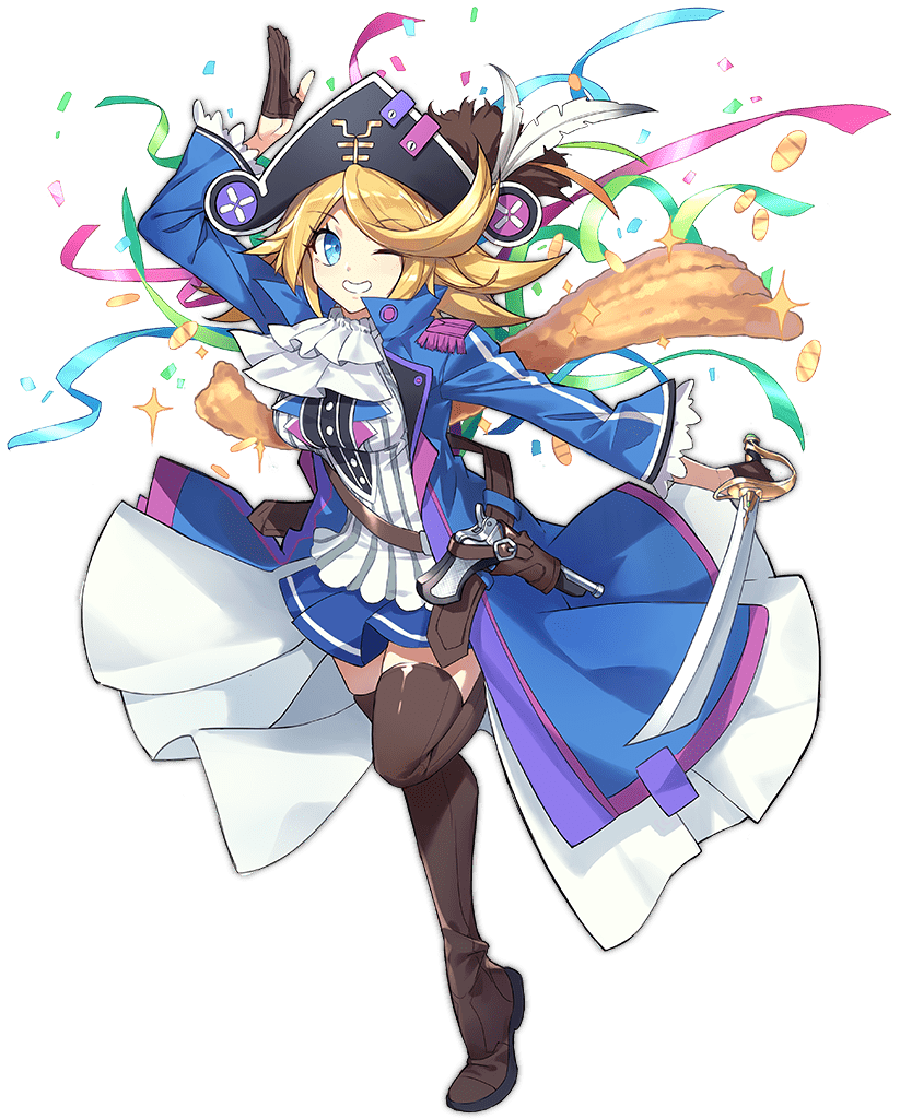 1girl ark_order ascot bangs belt blonde_hair blue_coat blue_eyes blue_skirt boots breasts brown_belt brown_footwear brown_gloves coat coin confetti epaulettes frilled_sleeves frills full_body gloves gold grin gun half_gloves handgun hat hat_feather holding holding_sword holding_weapon holster jason_(ark_order) k_suke_(weibo) large_breasts long_sleeves looking_at_viewer medium_hair official_art one_eye_closed open_mouth partially_fingerless_gloves pirate_hat shirt sidelocks skirt smile solo sparkle standing standing_on_one_leg sword tachi-e thigh-highs thigh_boots transparent_background weapon white_ascot white_shirt wing_collar wool