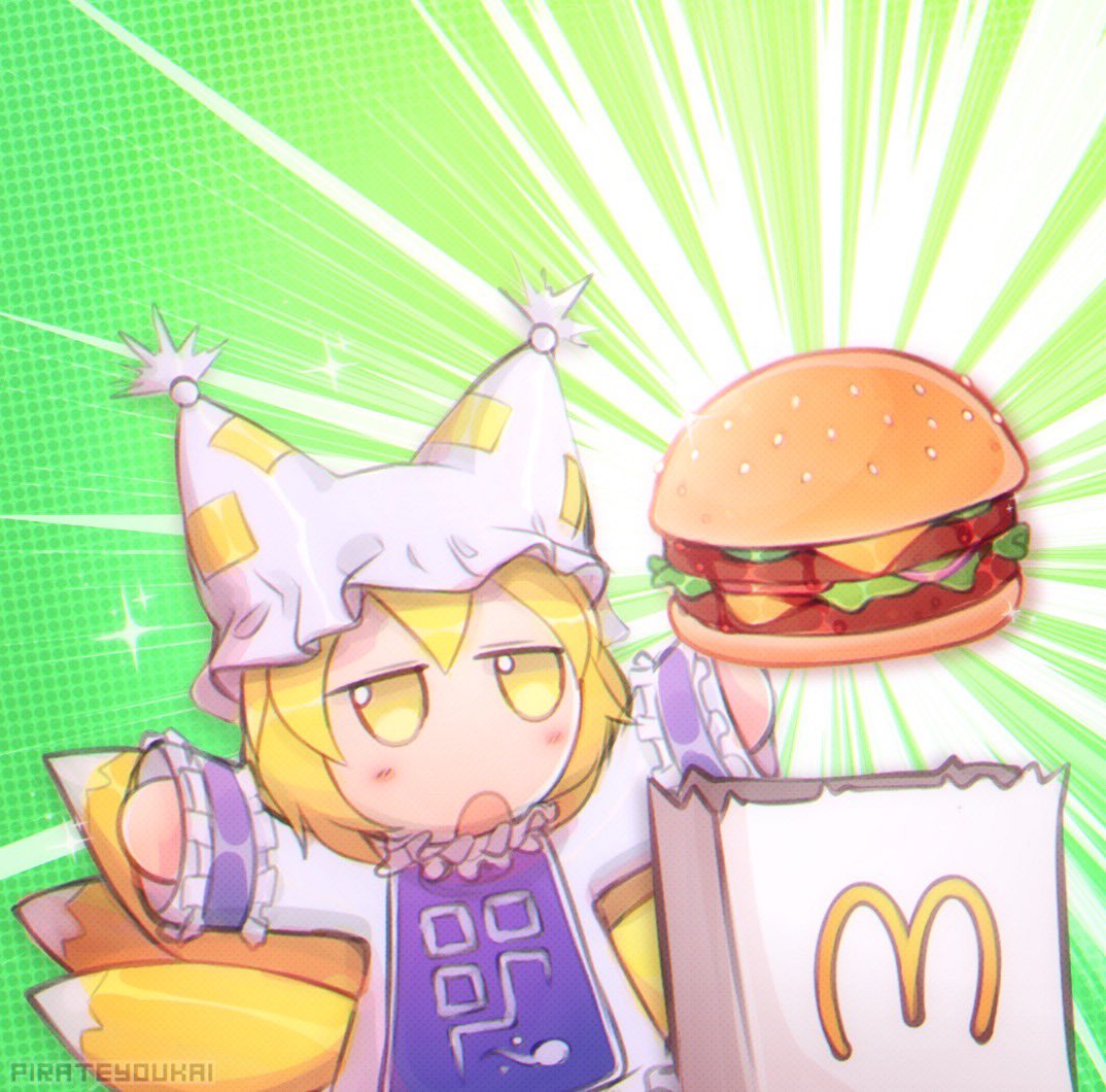 1girl animal_ears arms_up artist_name bangs blonde_hair blush burger dress food fox_ears fox_tail fumo_(doll) gradient gradient_background green_background hair_between_eyes hands_up hat long_sleeves looking_to_the_side mcdonald's mob_cap multiple_tails open_mouth package purple_vest sami_(pirateyoukai) short_hair solo tabard tail touhou vest white_background white_dress white_headwear wide_sleeves yakumo_ran yellow_eyes