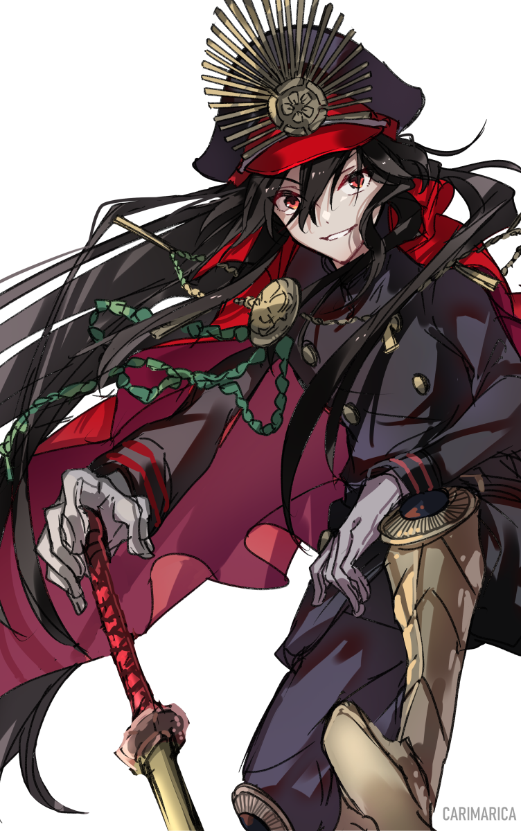 1girl armored_boots black_hair boots buttons cape double-breasted fate/grand_order fate_(series) gloves hat highres katana knee_boots long_hair looking_at_viewer oda_nobunaga_(fate) oda_nobunaga_(koha/ace) oda_uri red_cape red_eyes smile solo sword uniform very_long_hair weapon white_gloves zeromomo