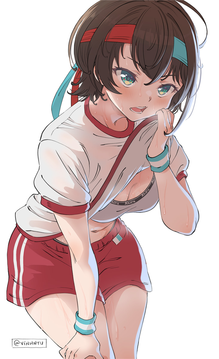 1girl bangs blue_eyes blush breasts brown_hair clothes_lift commentary_request cowboy_shot grey_sports_bra gym_uniform hand_on_own_thigh headband highres hololive leaning_forward lifted_by_self looking_away medium_breasts oozora_subaru open_mouth red_shorts shirt shirt_lift short_hair short_sleeves shorts simple_background solo sports_bra sweat twitter_username vinhnyu virtual_youtuber white_background white_shirt wristband