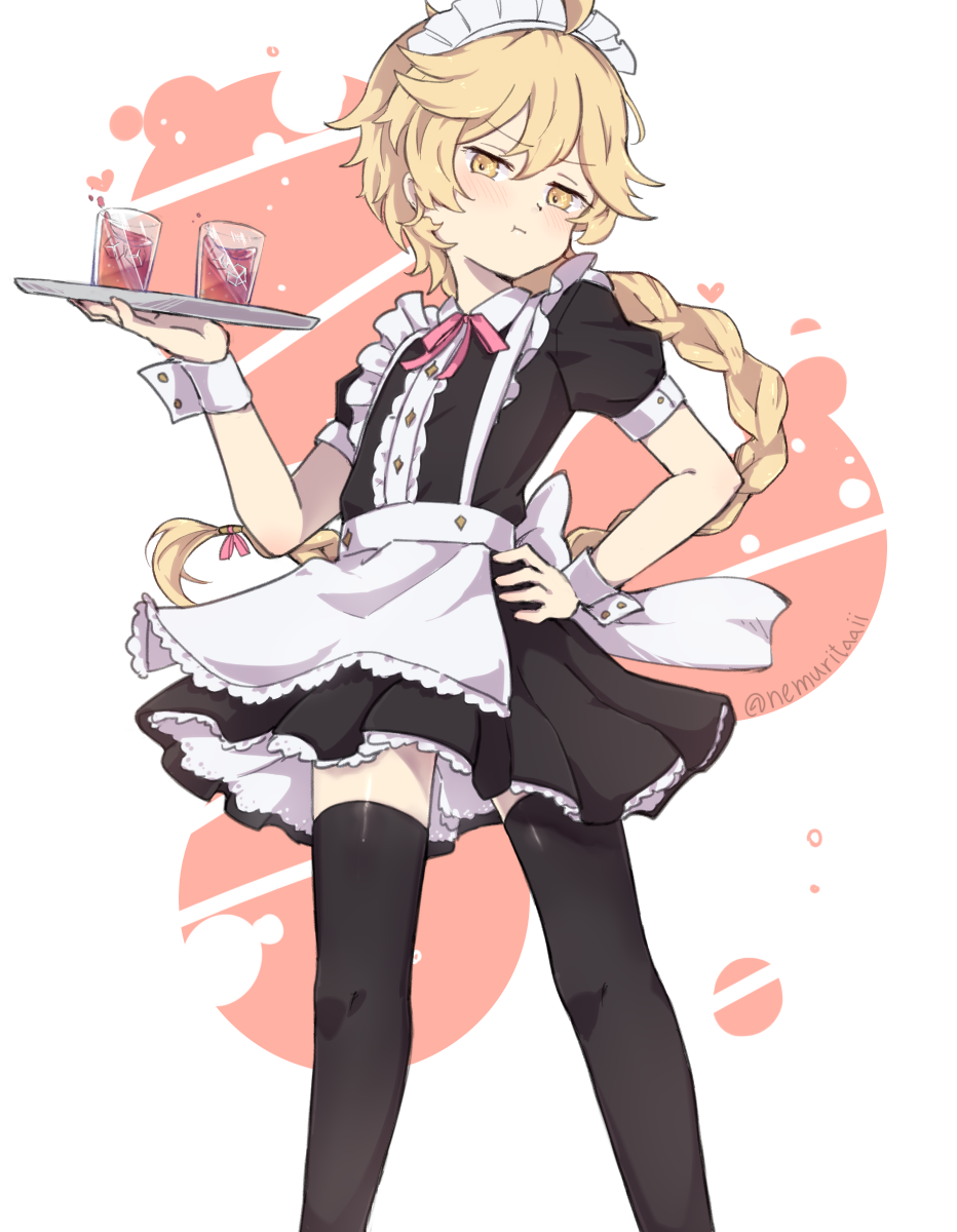 1boy :t aether_(genshin_impact) ahoge apron bangs black_legwear black_shirt blonde_hair blush bow braid center_frills collared_shirt crossdressing diamond_button drink english_commentary feet_out_of_frame frilled_apron frilled_skirt frills genshin_impact glass hand_on_hip highres holding holding_tray ice ice_cube knees long_hair looking_at_viewer maid_apron maid_headdress nemuritaaii otoko_no_ko pout puffy_short_sleeves puffy_sleeves shirt short_sleeves single_braid skirt standing thigh-highs thighs tray twitter_username white_apron wing_collar wrist_cuffs yellow_eyes
