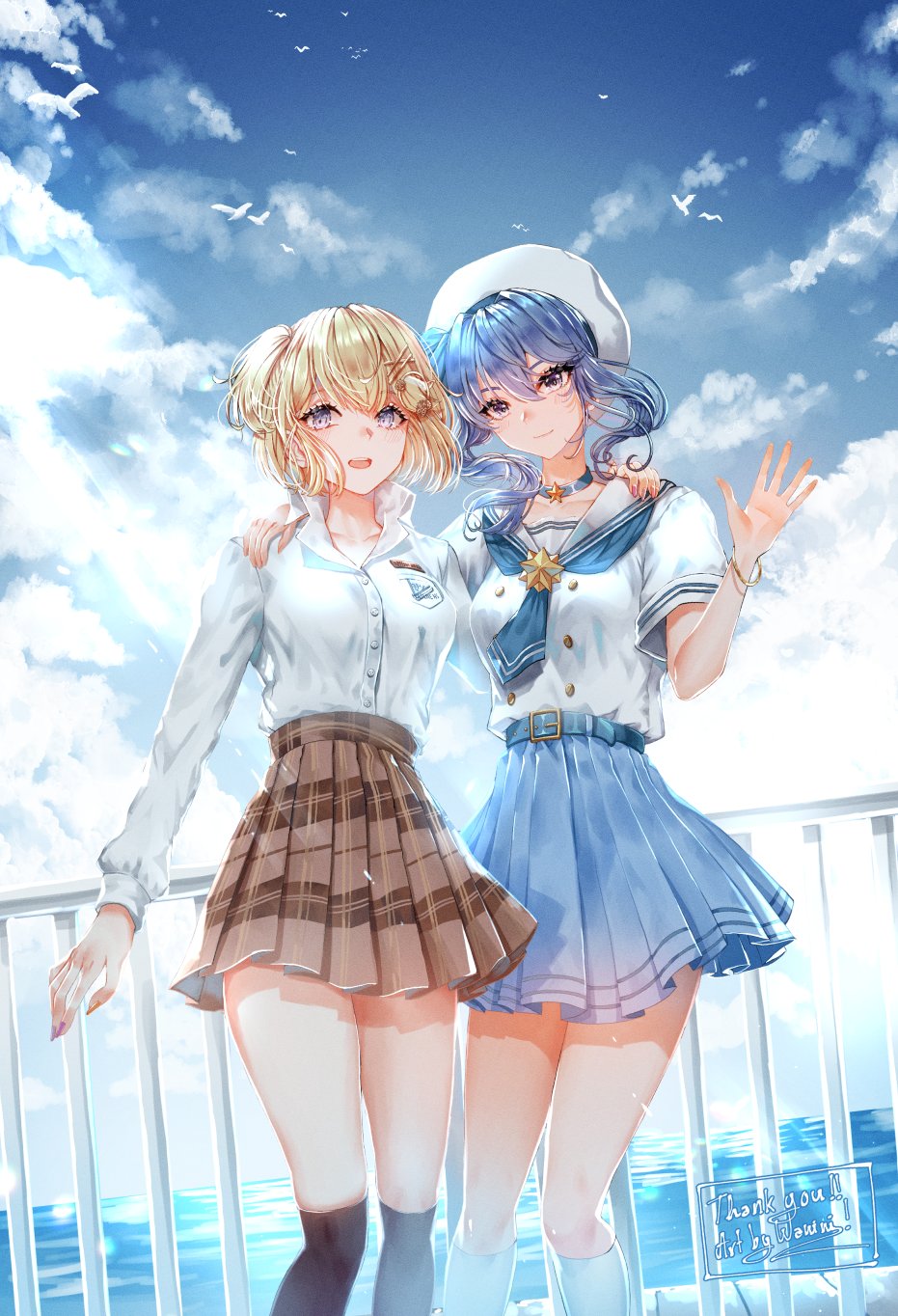 2girls arm_around_neck bangs blonde_hair blue_choker blue_eyes blue_hair blue_necktie blue_skirt blue_sky bracelet brown_legwear brown_skirt choker closed_mouth clouds commentary commission day english_commentary hair_between_eyes hair_ornament hat highres hololive hololive_english hoshimachi_suisei jewelry kneehighs long_hair looking_at_viewer multiple_girls necktie open_mouth outdoors over-kneehighs pleated_skirt sailor_collar shirt short_hair short_sleeves skirt sky thigh-highs virtual_youtuber wani_(fadgrith) watson_amelia white_background white_legwear white_sailor_collar white_shirt x_hair_ornament