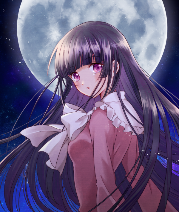 1girl bangs black_hair blunt_bangs blush bow bowtie breasts closed_mouth commentary_request eyebrows_visible_through_hair eyelashes frilled_shirt_collar frills full_moon hime_cut houraisan_kaguya japanese_clothes lips long_hair long_sleeves looking_at_viewer looking_back medium_breasts moon night okawa_friend pink_shirt shiny shiny_hair shirt sidelocks solo standing tearing_up tears touhou violet_eyes white_bow white_bowtie white_neckwear