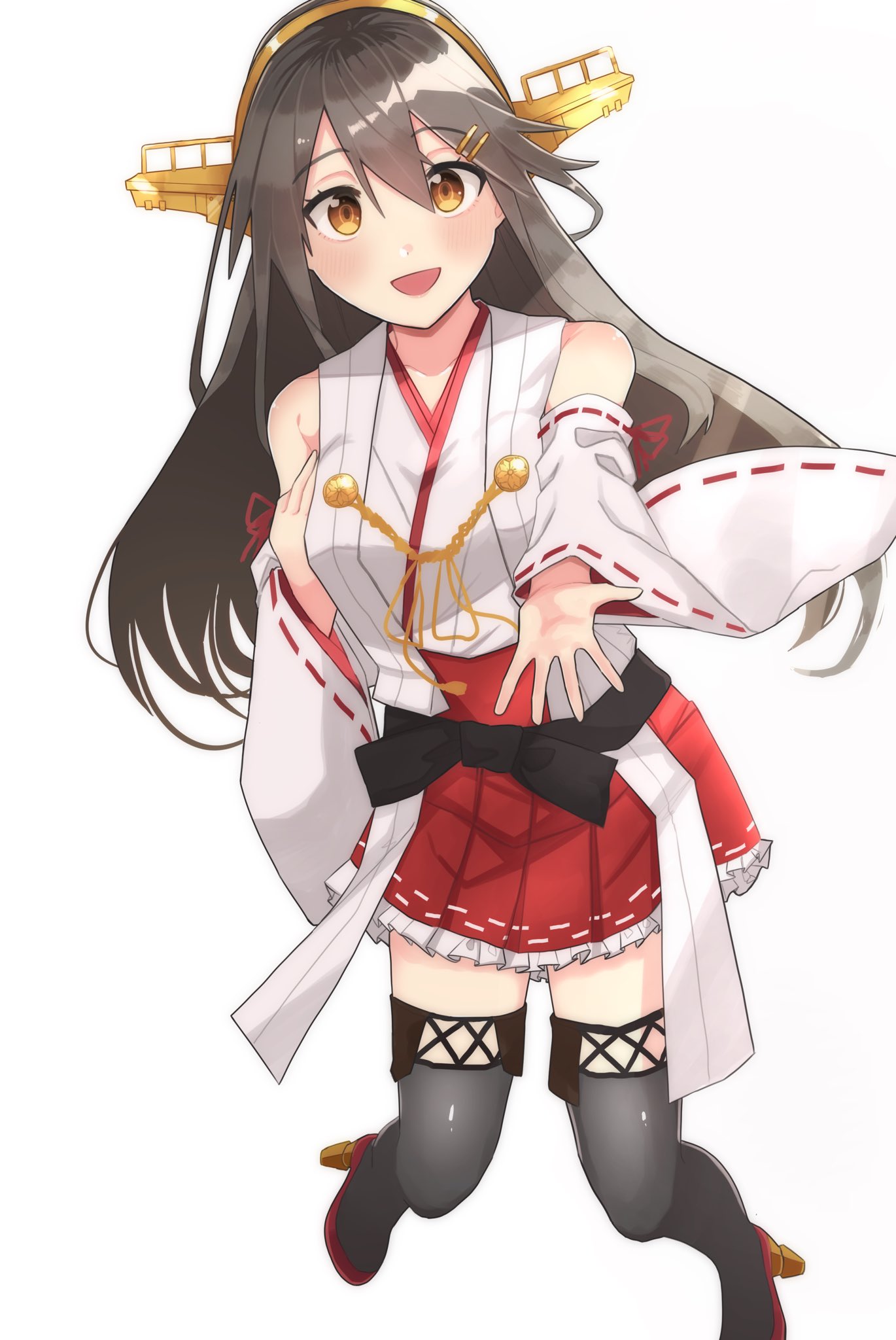 1girl black_hair black_legwear boots commentary_request detached_sleeves dokuganryuu full_body hair_ornament hairband hairclip haruna_(kancolle) headgear highres japanese_clothes kantai_collection long_hair looking_at_viewer red_skirt ribbon-trimmed_sleeves ribbon_trim simple_background skirt smile solo thigh-highs thigh_boots white_background