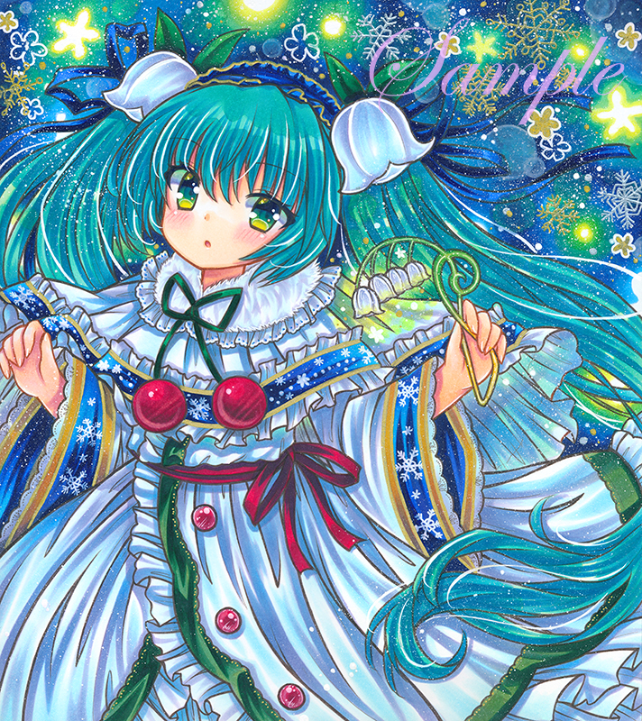 1girl :o aqua_hair blue_hairband blue_ribbon blush capelet cherry dress eyebrows_visible_through_hair flower food frilled_capelet frilled_dress frills fruit fur-trimmed_capelet fur_trim green_eyes green_ribbon hair_flower hair_ornament hair_ribbon hairband hatsune_miku holding holding_flower lily_of_the_valley long_hair long_sleeves looking_at_viewer marker_(medium) open_mouth red_ribbon ribbon rui_(sugar3) sample snowbell_(flower) solo too_many too_many_frills traditional_media very_long_hair vocaloid white_capelet white_dress white_flower wide_sleeves yuki_miku yuki_miku_(2015)