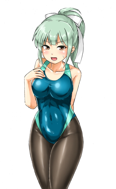 1girl arms_behind_back black_legwear blue_swimsuit bow breasts brown_eyes collarbone covered_navel cowboy_shot eyebrows_visible_through_hair green_hair green_swimsuit grey_hair hair_between_eyes hair_bow hand_on_own_chest kantai_collection kudou_(ooabareteng) medium_breasts one-piece_swimsuit open_mouth pantyhose pantyhose_under_swimsuit ponytail simple_background smile solo swimsuit white_background yuubari_(kancolle)