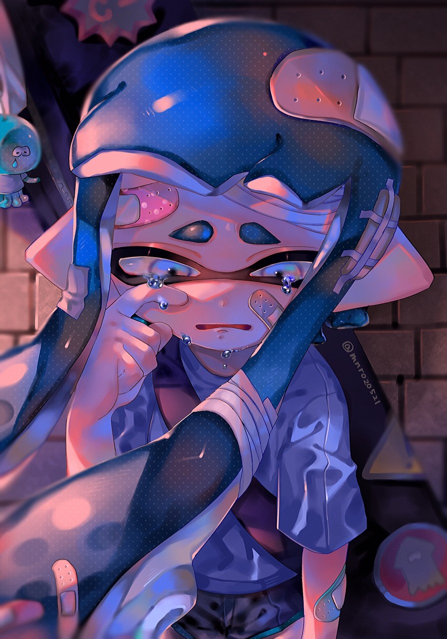 1girl artist_name bag bandaged_arm bandaged_head bandages bangs black_bag black_footwear blue_eyes blue_hair brick_wall crying crying_with_eyes_open frown highres inkling jellyfish_(splatoon) long_hair looking_down mnr020521 open_mouth pointy_ears shirt short_shorts shorts sitting sleeves_past_elbows solo splatoon_(series) tears tentacle_hair white_shirt