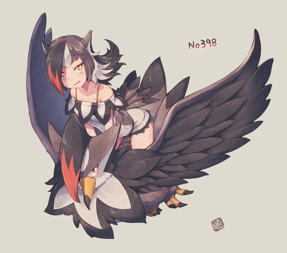 1girl bangs bare_shoulders bird bird_tail black_hair brown_eyes commentary_request dress grey_background kuromiya long_hair looking_at_viewer multicolored_hair off-shoulder_dress off_shoulder parted_lips personification pokedex_number pokemon pokemon_(creature) redhead simple_background staraptor tail tail_feathers two-tone_hair v-shaped_eyebrows white_dress white_hair