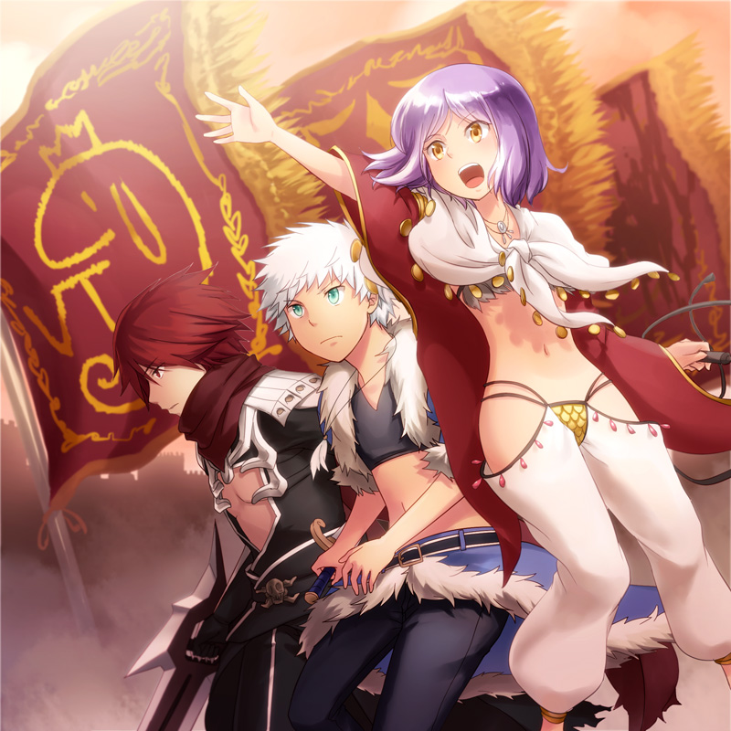 1girl 2boys arm_up armor assassin_cross_(ragnarok_online) bangs banner belt bikini black_belt black_cape black_pants black_shirt blue_cape blue_jacket cape closed_mouth commentary_request crop_top dagger detached_sleeves expressionless eyebrows_visible_through_hair feet_out_of_frame fur-trimmed_cape fur-trimmed_jacket fur_trim green_eyes gypsy_(ragnarok_online) holding holding_dagger holding_weapon holding_whip jacket jamadhar jewelry knife looking_afar multiple_boys natsuya_(kuttuki) navel necklace open_clothes open_jacket open_mouth open_shirt pants pauldrons purple_hair ragnarok_online red_eyes red_scarf red_sleeves redhead reverse_grip scarf sequins shirt short_sleeves shoulder_armor skull smile stalker_(ragnarok_online) swimsuit vambraces waist_cape weapon white_hair white_pants yellow_bikini yellow_eyes