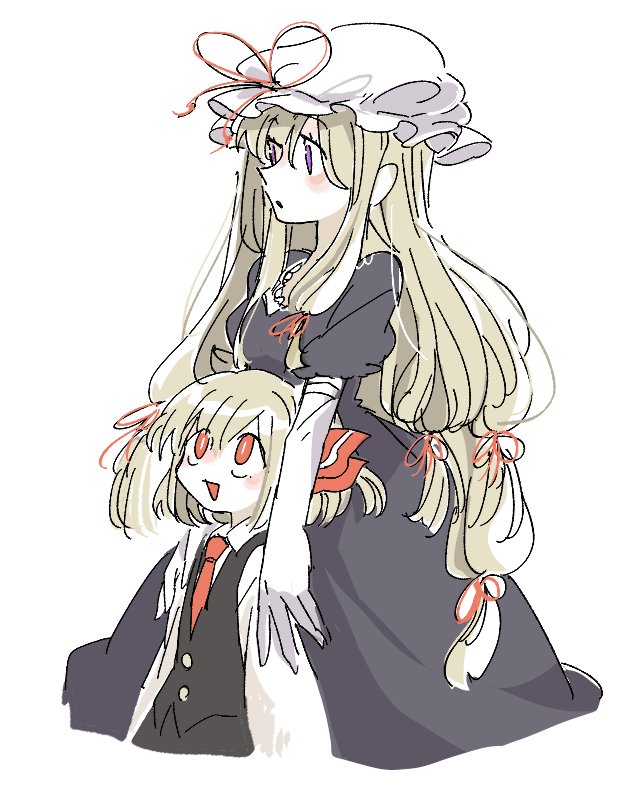 :d :o age_difference arms_at_sides bangs black_vest blonde_hair bob_cut bright_pupils child dress elbow_gloves eyes_visible_through_hair feet_out_of_frame from_side gloves grey_dress hair_between_eyes hair_over_shoulder hair_ribbon hands_on_another's_shoulders hat height_difference jpeg_artifacts kinnkonnsousai long_dress long_hair long_sleeves looking_at_another looking_away looking_to_the_side looking_up mob_cap necktie no_nose open_mouth parted_lips puffy_short_sleeves puffy_sleeves red_eyes red_necktie red_ribbon ribbon rumia short_hair short_sleeves simple_background smile standing touhou tress_ribbon upper_body very_long_hair vest violet_eyes white_background white_gloves white_headwear white_pupils wing_collar yakumo_yukari