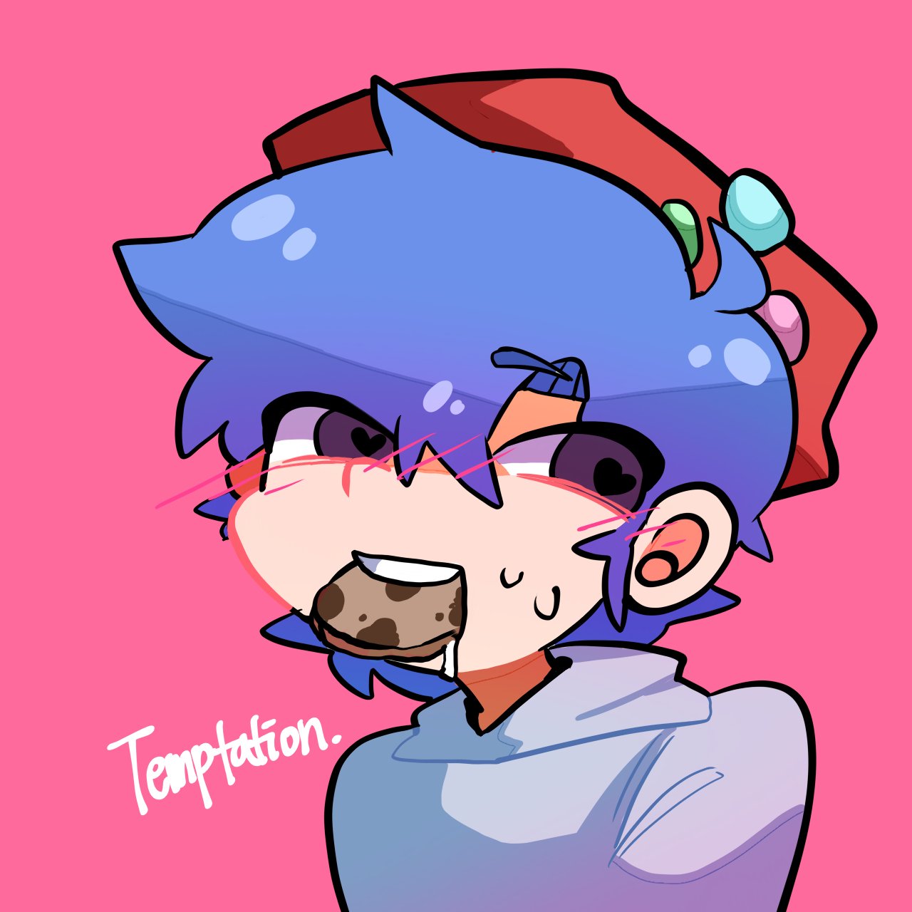 1boy alternate_universe blue_hair blush boyfriend_(friday_night_funkin') cookie draw09 english_commentary english_text food food_in_mouth friday_night_funkin' friday_night_funkin'_soft hat heart-shaped_pupils male_focus pink_background purple_eyes short_hair simple_background solo