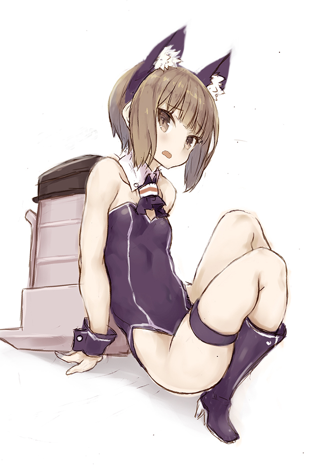 1girl animal_ear_fluff animal_ears bangs black_footwear black_hairband black_leotard boots breasts brown_eyes brown_hair cat_ears commentary_request detached_collar eyebrows_visible_through_hair fake_animal_ears full_body hairband kantai_collection knee_boots knees_up leotard looking_at_viewer open_mouth ryo_(tg290) short_hair small_breasts solo strapless strapless_leotard thigh_strap wrist_cuffs z3_max_schultz_(kancolle)