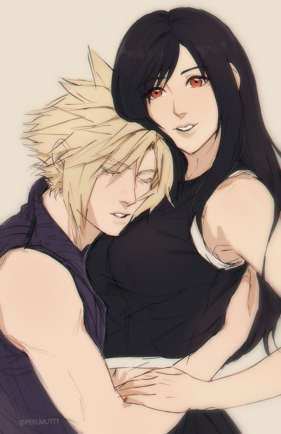 1boy 1girl artist_name bangs black_hair blonde_hair breasts closed_eyes cloud_strife eyebrows_visible_through_hair final_fantasy final_fantasy_vii final_fantasy_vii_remake head_rest highres large_breasts long_hair looking_at_viewer open_mouth perlmuttt red_eyes spiky_hair tifa_lockhart twitter_username