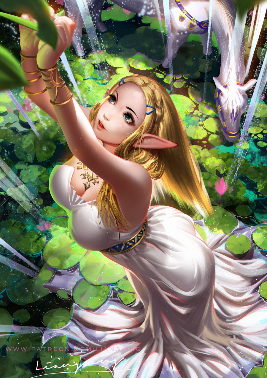 1girl arms_up blonde_hair bracelet breasts dress flower green_eyes highres horse jewelry leaf liang_xing lily_pad looking_up necklace parted_lips partially_submerged pointy_ears princess_zelda standing strapless strapless_dress the_legend_of_zelda the_legend_of_zelda:_breath_of_the_wild water white_dress