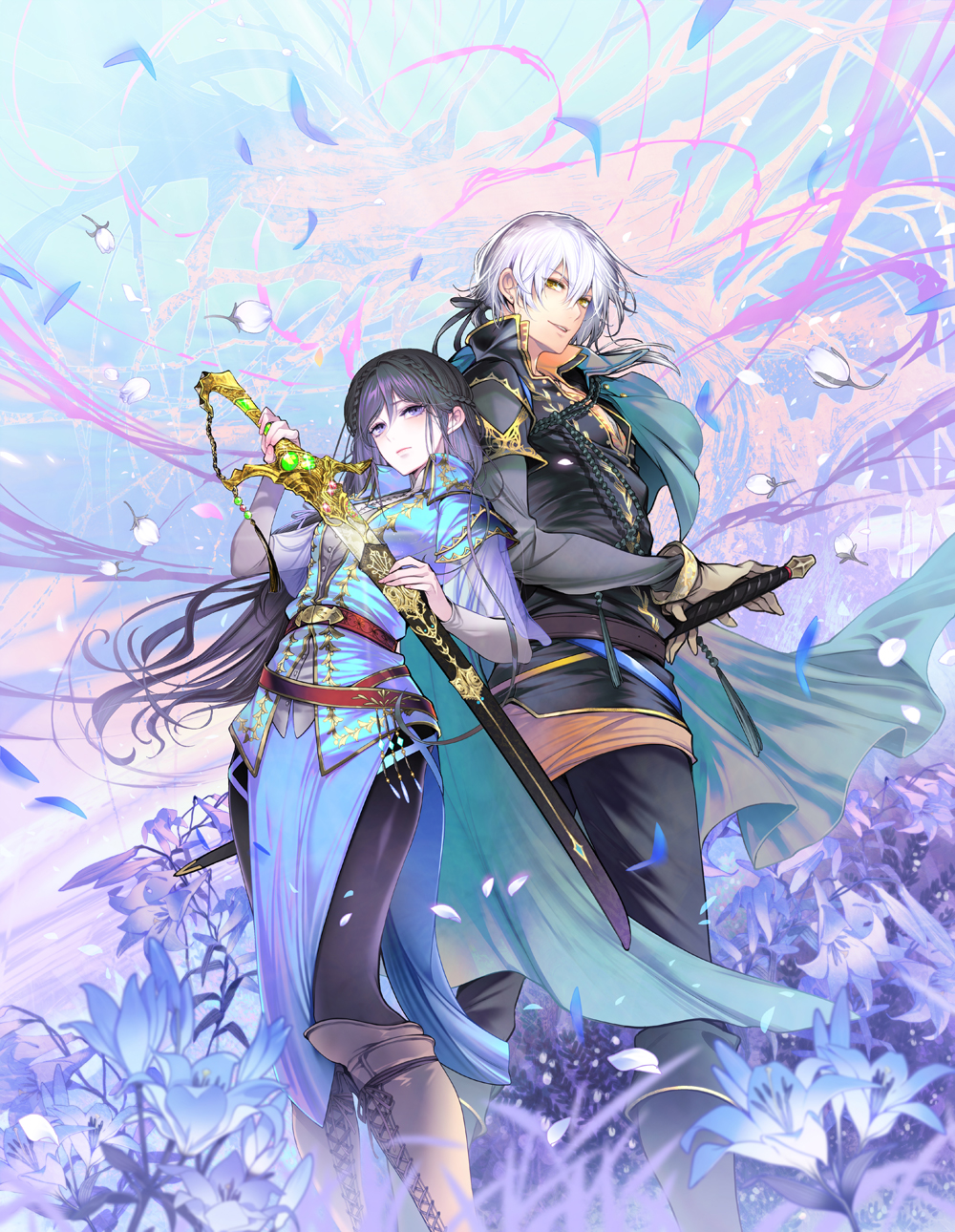 1boy 1girl back-to-back bangs black_hair black_legwear blue_flower boots braid breasts brown_footwear character_request closed_mouth cover_image cross-laced_footwear feet_out_of_frame flower hair_between_eyes highres holding holding_sword holding_weapon knee_boots koishita_hito_wa_imouto_no_kawari_ni_shinde_kure_to_itta. lace-up_boots light_blush long_hair long_sleeves looking_at_viewer medium_breasts novel_illustration official_art pantyhose pelvic_curtain petals purple_flower scabbard second-party_source sheath standing sword textless toyota_saori unsheathing violet_eyes weapon wind