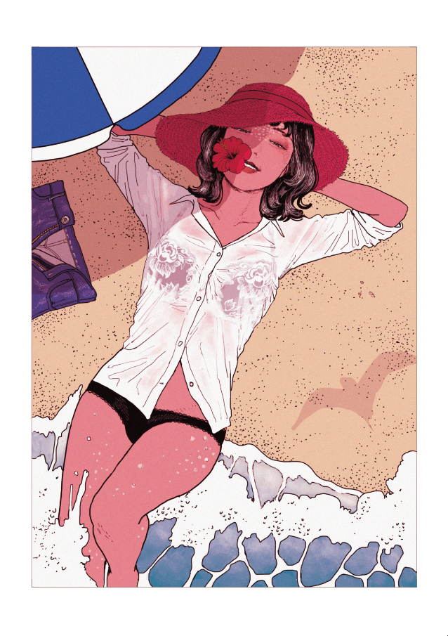 1girl arms_behind_head beach beach_umbrella bird bra brown_hair collared_shirt flower from_above hat hibiscus lingerie lips looking_at_viewer no_pants ocean original panties pants pants_removed sand see-through shadow shirt silhouette smile solo sun_hat umbrella underwear water wet wet_clothes wet_shirt wymaaa