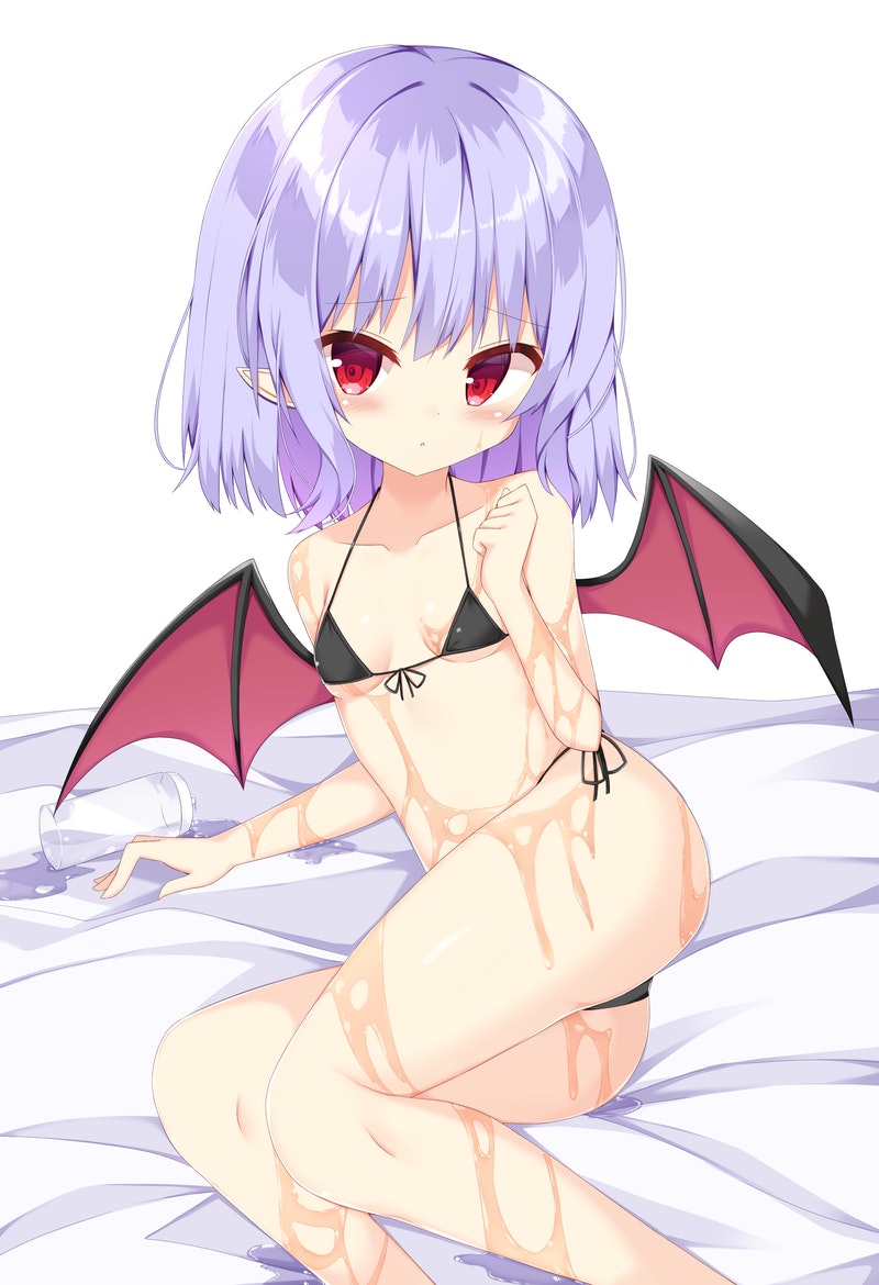 1girl :o alternate_costume arm_up ass bangs bare_shoulders bat_wings bed_sheet bikini black_bikini blush breasts breasts_apart collarbone commentary_request dot_nose eyebrows_visible_through_hair eyelashes knees kuraaken light_purple_hair lube lying navel on_bed on_side pointy_ears red_eyes remilia_scarlet shiny shiny_hair short_hair simple_background small_breasts solo stomach sweatdrop swimsuit thighs touhou wet white_background wings