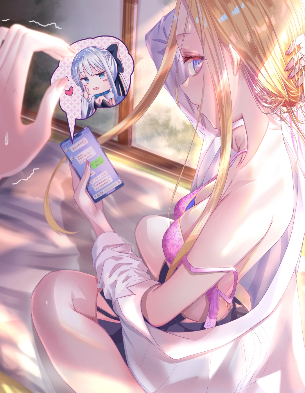 3girls abigail_williams_(fate) bangs bare_shoulders blonde_hair blue_eyes blush bra breasts cellphone chibi collarbone collared_shirt dress_shirt fate/grand_order fate_(series) forehead grey_skirt highres kinom_(sculpturesky) long_hair long_sleeves looking_at_viewer morgan_le_fay_(fate) multiple_girls off_shoulder open_clothes open_mouth open_shirt out_of_frame parted_bangs phone pink_bra shirt sitting skirt small_breasts thighs underwear wariza white_shirt