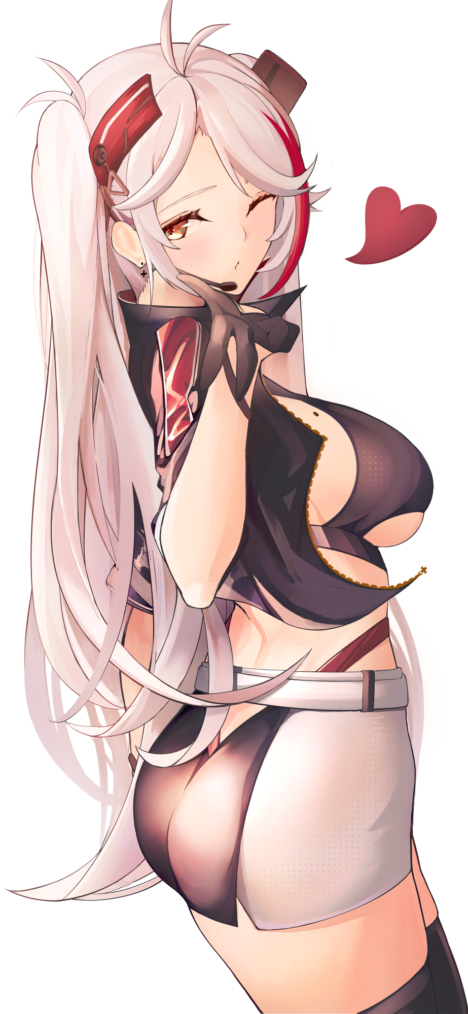 1girl ass azur_lane bangs blowing_kiss breasts crop_top from_behind gloves headgear heart highres jacket large_breasts microphone mole mole_on_breast one_eye_closed parted_bangs prinz_eugen_(azur_lane) prinz_eugen_(final_lap)_(azur_lane) sideboob skirt solo thighs twintails under_boob white_hair yellow_eyes yusha_m