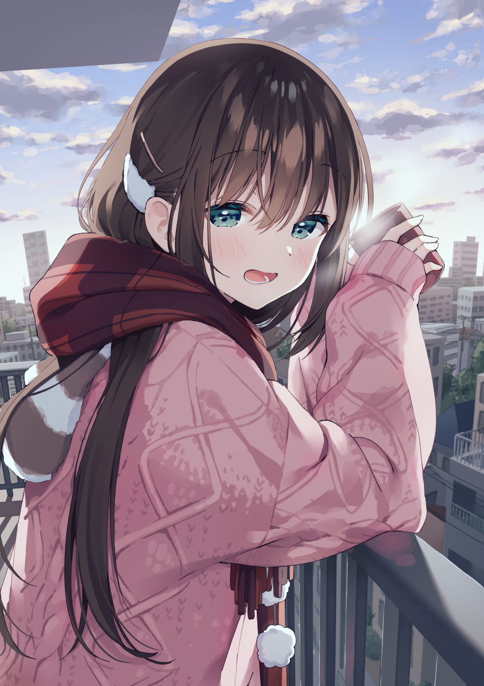 1girl :d balcony blush brown_hair building clouds cloudy_sky cup green_eyes hand_on_railing highres holding holding_cup long_sleeves looking_at_viewer looking_to_the_side muninshiki original pink_sweater plaid plaid_scarf railing scarf sideways_glance sky sleeves_past_wrists smile steam sweater upper_body