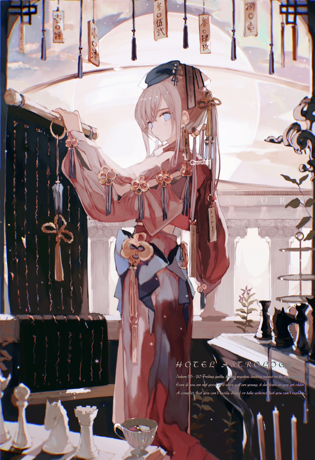 1girl arm_support asahiro bangs blue_bow blue_eyes blue_headwear bow chess_piece closed_mouth clouds column commentary cropped_shirt cup earrings feet_out_of_frame grey_hair hair_between_eyes hair_ornament hand_up hat jewelry long_hair long_skirt long_sleeves looking_at_viewer looking_to_the_side original pillar puffy_sleeves scroll sideways_glance skirt solo standing string teacup tied_hair