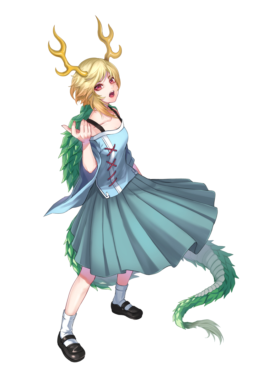 1girl :o antlers arm_up bangs black_footwear blonde_hair blue_ribbon blue_shirt blue_skirt breasts commentary_request cross-laced_clothes dragon_girl dragon_horns dragon_tail eyelashes fingernails full_body green_skirt highres horns kicchou_yachie lips looking_at_viewer mary_janes pleated_skirt puffy_short_sleeves puffy_sleeves re_(re_09) red_eyes ribbon scales shirt shoes short_hair short_sleeves sidelocks simple_background skirt slit_pupils small_breasts smile socks solo standing tail teeth tongue touhou turtle_shell upper_teeth white_background white_legwear wide_sleeves