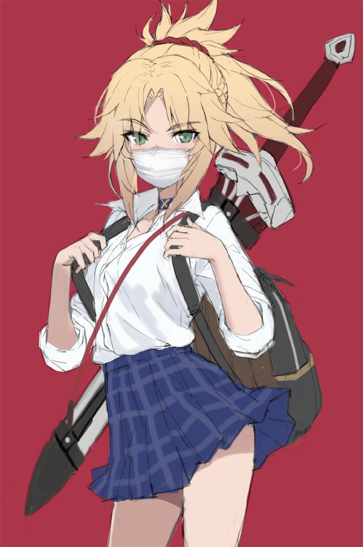 1girl backpack bag bangs blonde_hair blue_skirt blush braid breasts choker clarent_(fate) collared_shirt dress_shirt fate/apocrypha fate_(series) french_braid green_eyes hair_ornament hair_scrunchie highres long_hair looking_at_viewer mask mordred_(fate) mordred_(fate/apocrypha) mouth_mask parted_bangs ponytail red_background red_scrunchie scrunchie shirt sidelocks simple_background skirt sleeves_rolled_up small_breasts surgical_mask sword tonee weapon white_shirt