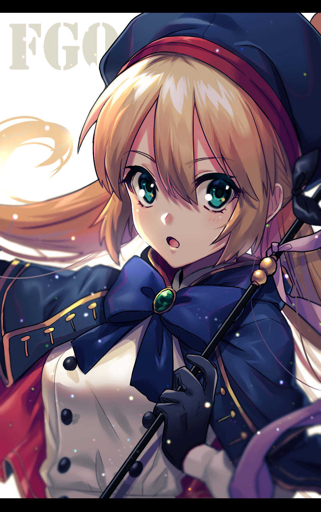 1girl :o aqua_eyes artoria_pendragon_(caster)_(fate) artoria_pendragon_(fate) bangs black_gloves blonde_hair blue_bow blue_cape blue_headwear blue_neckwear bow bowtie buttons cape commentary_request copyright_name dress eyebrows_visible_through_hair fate/grand_order fate_(series) gloves hair_between_eyes hat highres holding holding_staff holding_weapon light_particles long_hair looking_at_viewer solo staff tatsuma_daisuke tongue twintails upper_body very_long_hair weapon white_background white_dress