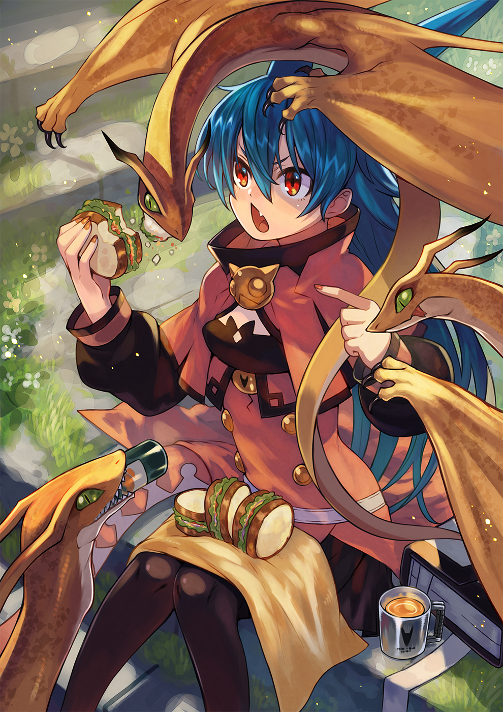 &gt;:( 1girl black_legwear black_skirt blue_hair book bottle buttons capelet cloak commentary cup dragon dragon_on_head eating fang feet_out_of_frame food food_on_legs food_theft grass hands_up highres holding holding_food horns long_hair mug open_mouth original pantyhose pointing red_capelet red_cloak red_eyes rumie sandwich sitting sitting_on_stairs skin_fang skirt solo stairs stone_stairs tiona v-shaped_eyebrows wyvern